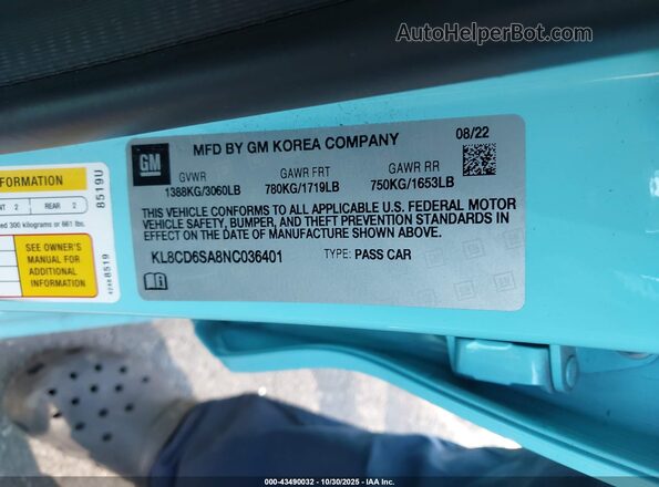 KL8CD6SA8NC036401 2022 CHEVROLET SPARK Blue Вид підкапотного простору
