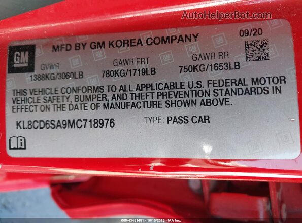 KL8CD6SA9MC718976 2021 CHEVROLET SPARK Red Widok komory silnika