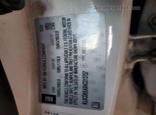 KL8CD6SA9NC013757 2022 CHEVROLET SPARK White VIN კოდის სტიკერის ხედი