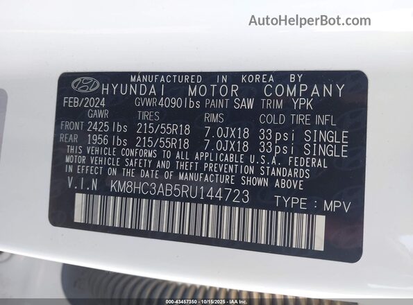 KM8HC3AB5RU144723 2024 HYUNDAI KONA White Vista del compartimento del motor