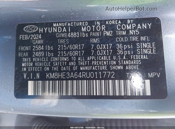 KM8HE3A64RU011772 2024 HYUNDAI KONA ELECTRIC Light Blue 