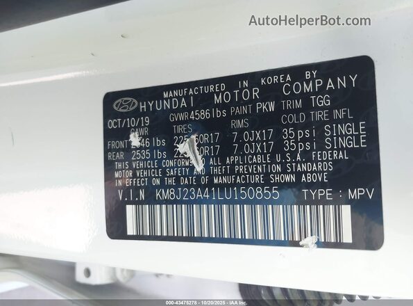KM8J23A41LU150855 2020 HYUNDAI TUCSON Белый Вид подкапотного пространства