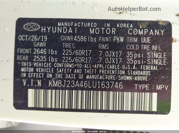 KM8J23A46LU163746 2020 HYUNDAI TUCSON White Engine compartment view