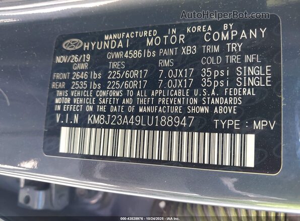 KM8J23A49LU188947 2020 HYUNDAI TUCSON Navy Engine compartment view