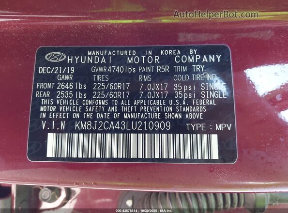 KM8J2CA43LU210909 2020 HYUNDAI TUCSON Red ძრავის განყოფილების ხედი