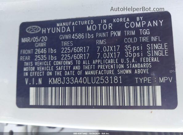 KM8J33A40LU253181 2020 HYUNDAI TUCSON White Engine compartment view