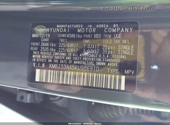 KM8J33A45KU986910 2019 HYUNDAI TUCSON Blue Շարժիչի բաժամունքի տեսք