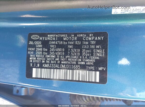 KM8J33AL0MU311685 2021 HYUNDAI TUCSON Blue Widok komory silnika