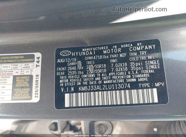 KM8J33AL2LU113074 2020 HYUNDAI TUCSON Gray ძრავის განყოფილების ხედი