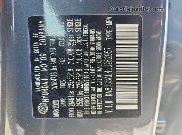 KM8J33AL4LU262957 2020 HYUNDAI TUCSON Gray Вид наклейки з VIN-кодом