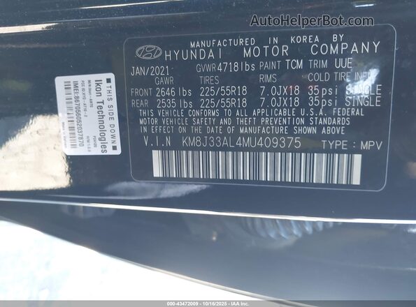 KM8J33AL4MU409375 2021 HYUNDAI TUCSON Черный Вид подкапотного пространства