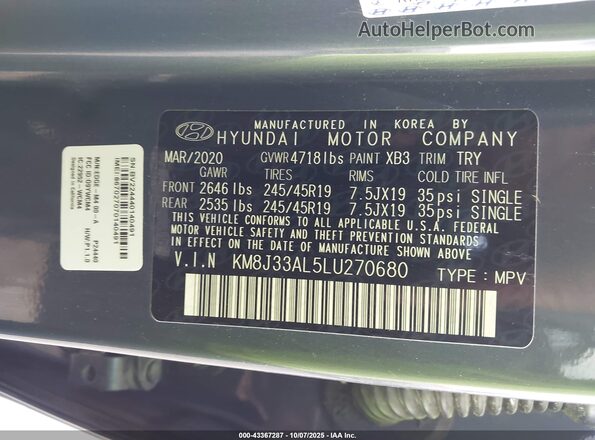 KM8J33AL5LU270680 2020 HYUNDAI TUCSON Blue Widok komory silnika