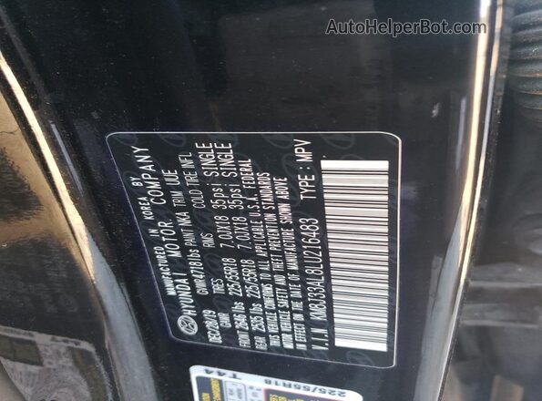 KM8J33AL8LU216483 2020 HYUNDAI TUCSON Black VIN კოდის სტიკერის ხედი
