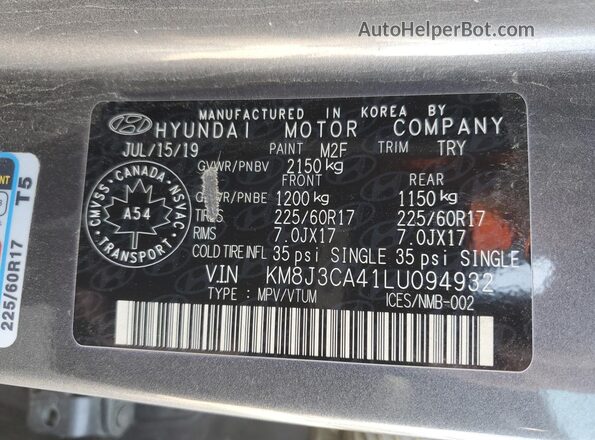 KM8J3CA41LU094932 2020 HYUNDAI TUCSON Gray Vista interior de 360 grados