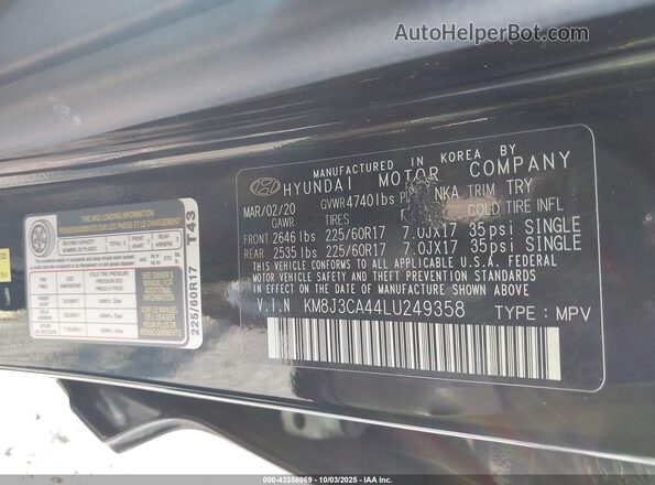 KM8J3CA44LU249358 2020 HYUNDAI TUCSON Black ძრავის განყოფილების ხედი