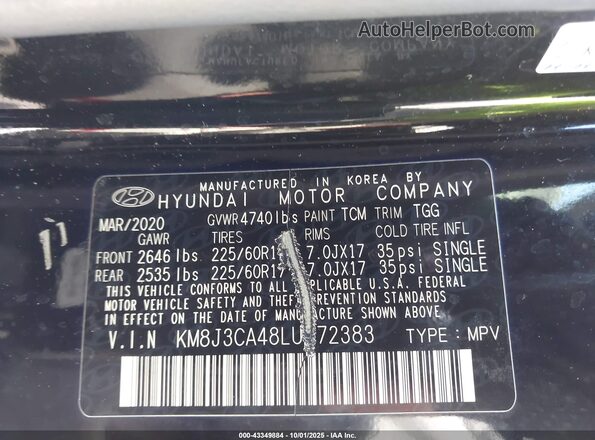 KM8J3CA48LU272383 2020 HYUNDAI TUCSON Black Vista del compartimento del motor