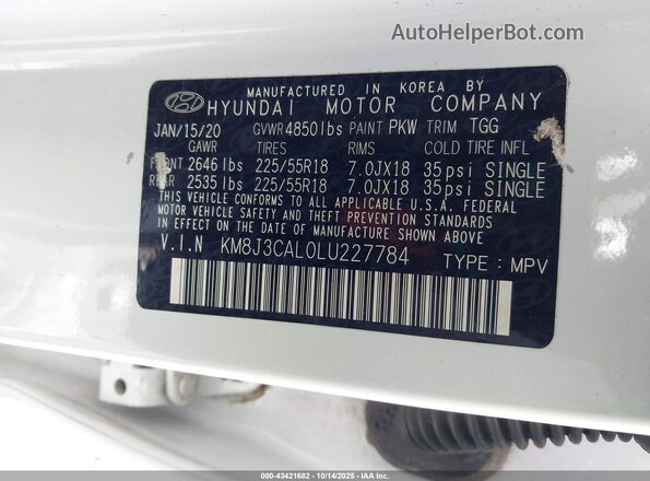 KM8J3CAL0LU227784 2020 HYUNDAI TUCSON Белый Вид подкапотного пространства