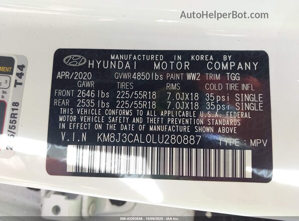 KM8J3CAL0LU280887 2020 HYUNDAI TUCSON Белый Вид подкапотного пространства