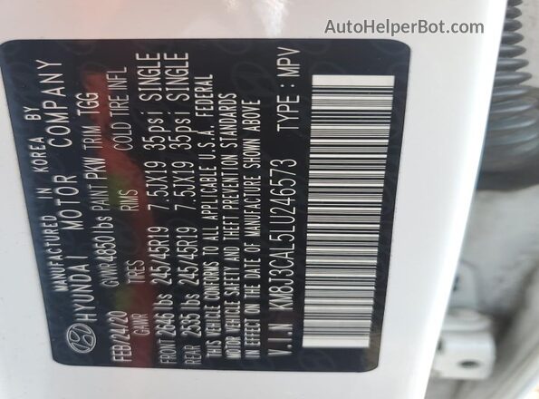 KM8J3CAL5LU246573 2020 HYUNDAI TUCSON White Vista del compartimento del motor