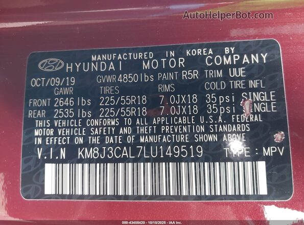 KM8J3CAL7LU149519 2020 HYUNDAI TUCSON Burgundy Vista del compartimento del motor