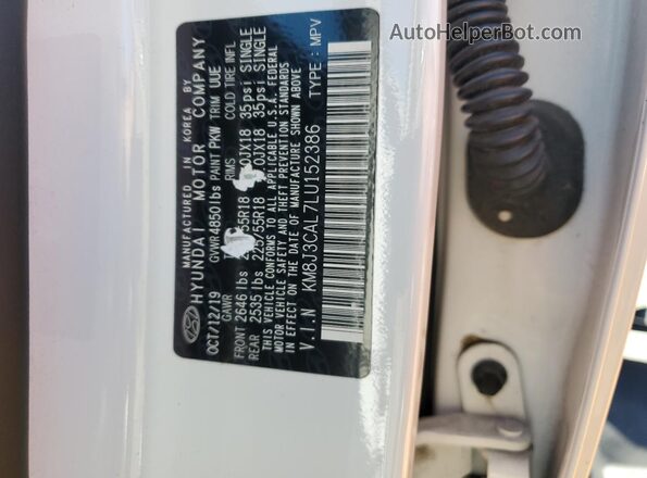 KM8J3CAL7LU152386 2020 HYUNDAI TUCSON White VIN კოდის სტიკერის ხედი