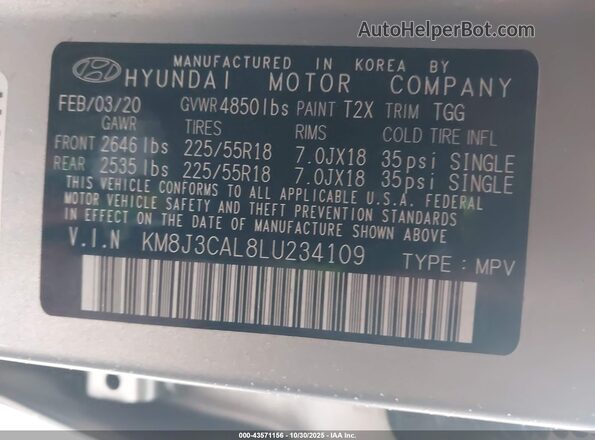 KM8J3CAL8LU234109 2020 HYUNDAI TUCSON Серебряный Вид подкапотного пространства