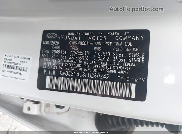 KM8J3CAL8LU260242 2020 HYUNDAI TUCSON White Engine compartment view