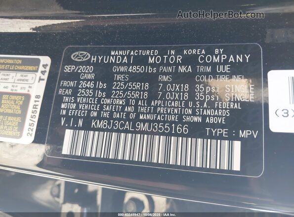KM8J3CAL9MU355166 2021 HYUNDAI TUCSON Black Widok komory silnika