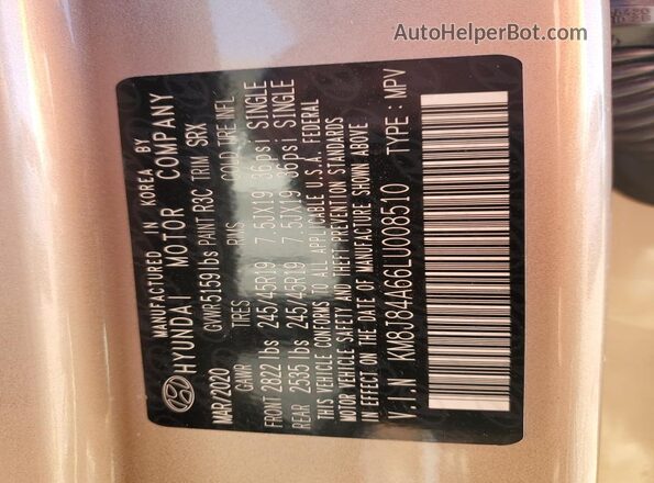 KM8J84A66LU008510 2020 HYUNDAI NEXO Tan Շարժիչի բաժամունքի տեսք
