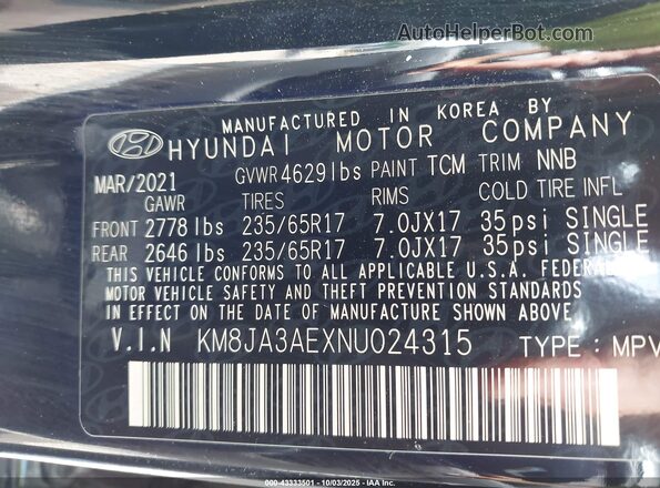 KM8JA3AEXNU024315 2022 HYUNDAI TUCSON Черный Вид подкапотного пространства