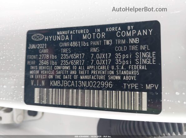 KM8JBCA13NU022996 2022 HYUNDAI TUCSON HYBRID White Widok komory silnika