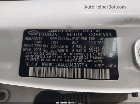 KM8K12AA0LU438759 2020 HYUNDAI KONA White Vista del compartimento del motor