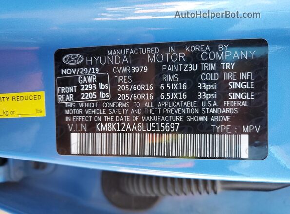KM8K12AA6LU515697 2020 HYUNDAI KONA Blue Engine compartment view