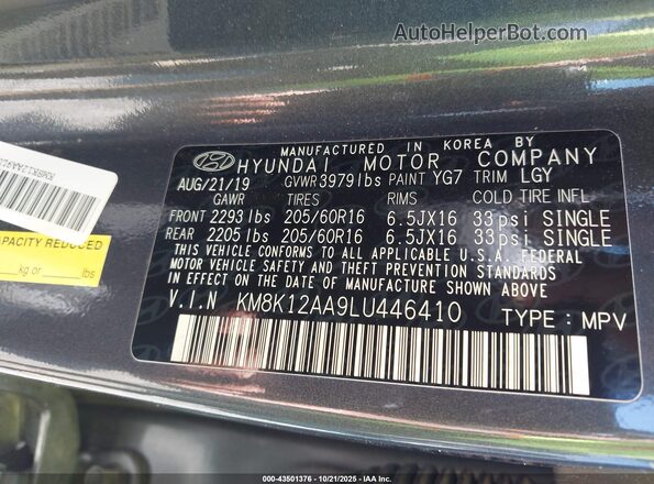 KM8K12AA9LU446410 2020 HYUNDAI KONA Gray Engine compartment view