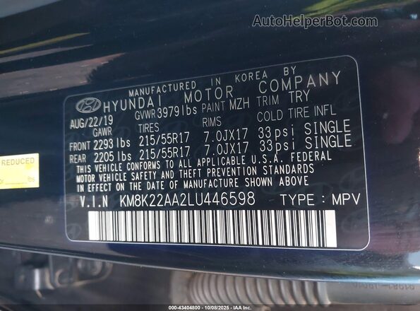 KM8K22AA2LU446598 2020 HYUNDAI KONA Черный Вид подкапотного пространства