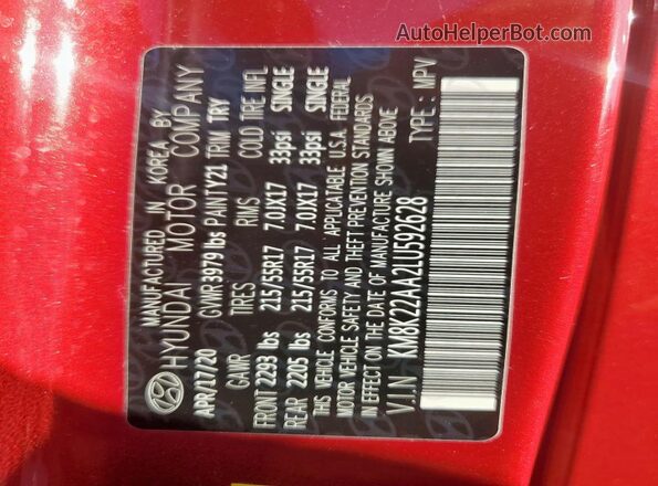 KM8K22AA2LU592628 2020 HYUNDAI KONA Красный Вид наклейки с VIN-кодом