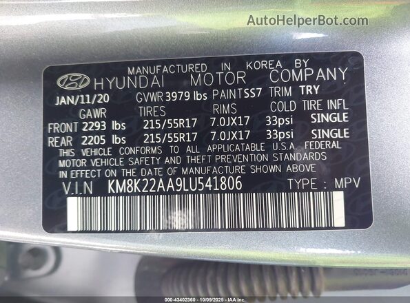 KM8K22AA9LU541806 2020 HYUNDAI KONA Light Blue Engine compartment view
