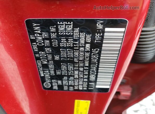 KM8K2CAA0LU408745 2020 HYUNDAI KONA Red Vista del compartimento del motor