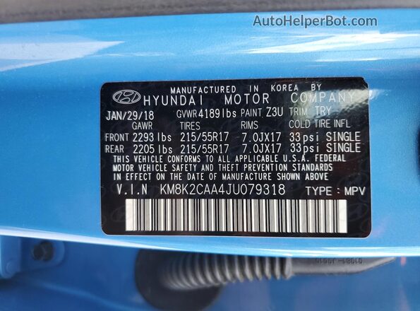 KM8K2CAA4JU079318 2018 HYUNDAI KONA Синий 