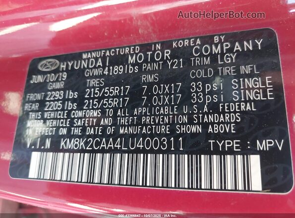 KM8K2CAA4LU400311 2020 HYUNDAI KONA Красный Вид подкапотного пространства