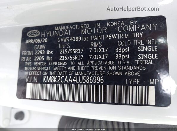 KM8K2CAA4LU586996 2020 HYUNDAI KONA White Շարժիչի բաժամունքի տեսք