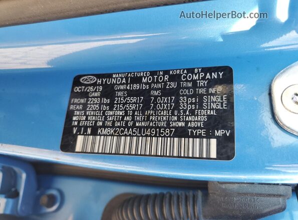 KM8K2CAA5LU491587 2020 HYUNDAI KONA Blue Вид наклейки з VIN-кодом