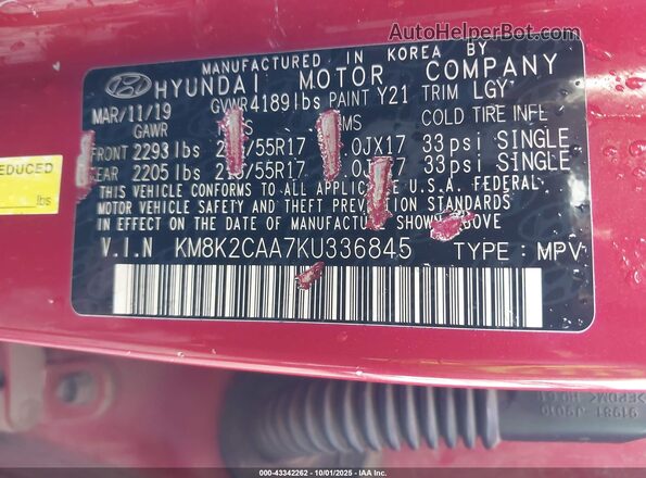 KM8K2CAA7KU336845 2019 HYUNDAI KONA Red Vista del compartimento del motor