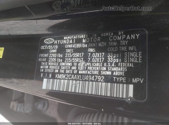 KM8K2CAAXLU494792 2020 HYUNDAI KONA Black 