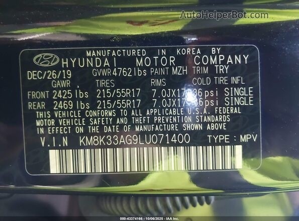 KM8K33AG9LU071400 2020 HYUNDAI KONA ELECTRIC Black Engine compartment view
