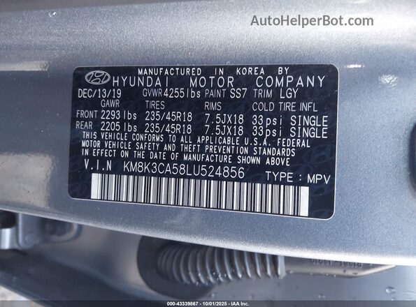 KM8K3CA58LU524856 2020 HYUNDAI KONA Silver Widok komory silnika