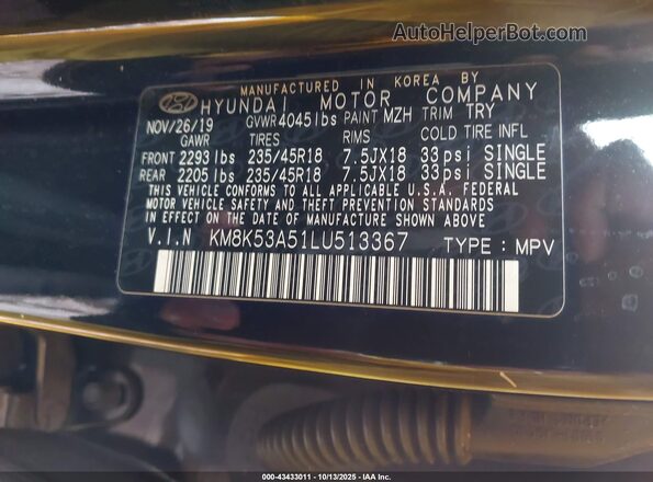 KM8K53A51LU513367 2020 HYUNDAI KONA Black Vista del compartimento del motor