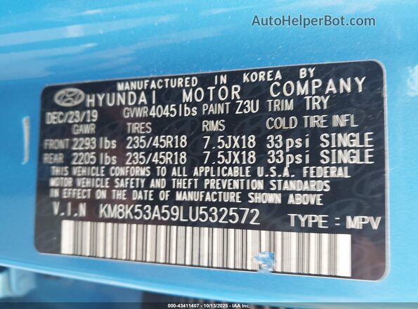 KM8K53A59LU532572 2020 HYUNDAI KONA Light Blue Vista del compartimento del motor
