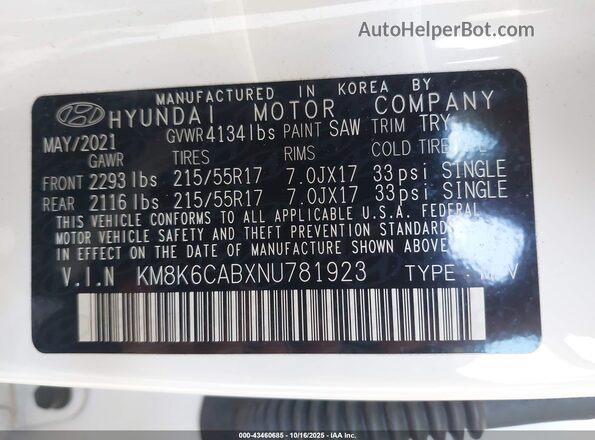 KM8K6CABXNU781923 2022 HYUNDAI KONA White 