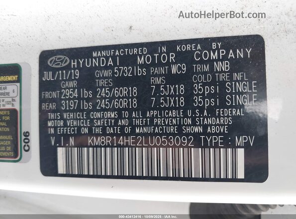 KM8R14HE2LU053092 2020 HYUNDAI PALISADE White Widok komory silnika